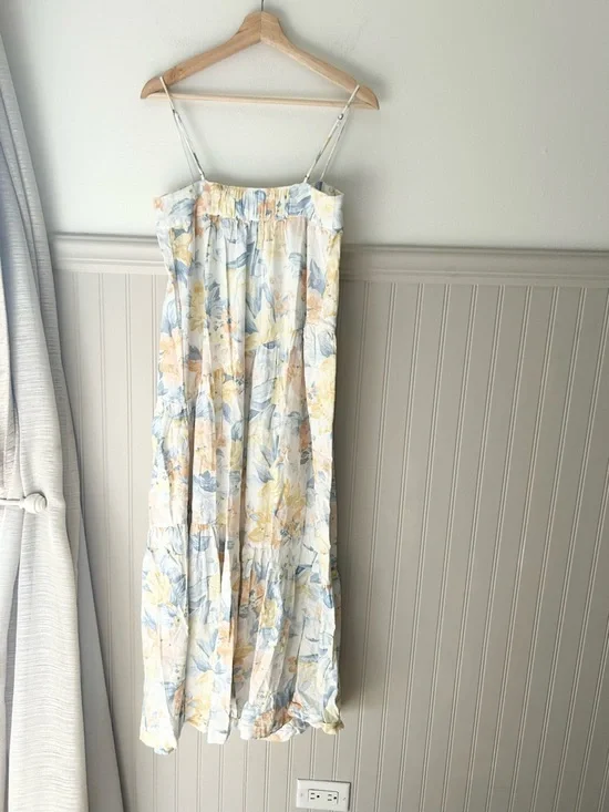 Abercrombie & Fitch Small Linen Blend Yellow & Blue Floral Tiered Maxi Dress - Picture 6 of 6